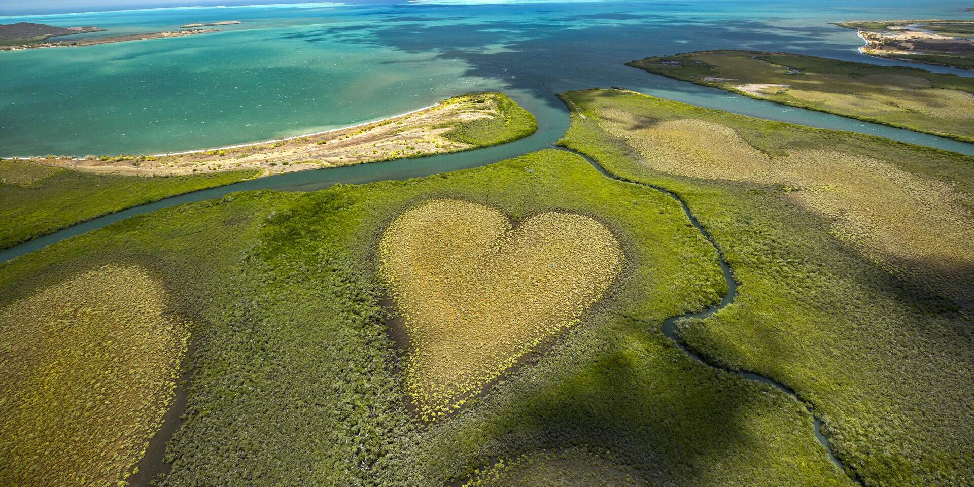 ニューカレドニアのラグーンを眺めながら、ヴォーの中心部とマングローブの湿地帯の上空を飛ぶ。